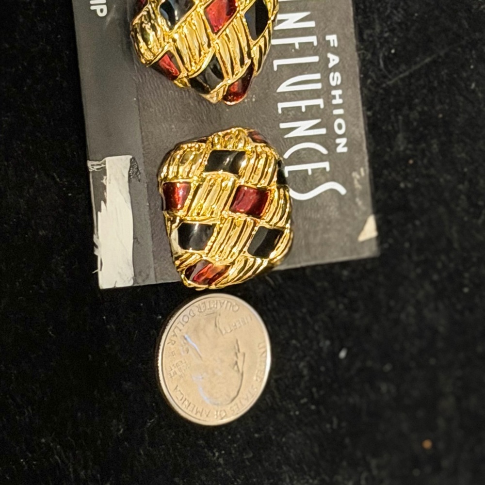 Gold Tone Clip-On Earrings with Red and Black Inlay - Picture 2 of 5